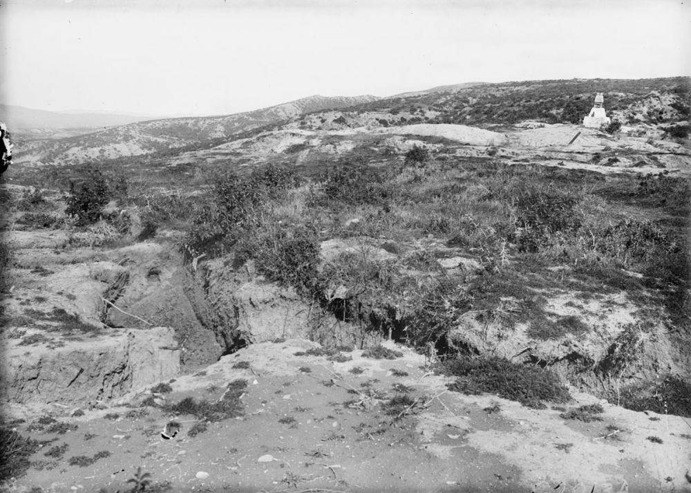 The view across the Nek from the Australian trenches to Baby 700 in 1919. A Turkish monument is in the background. 